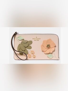 kate spade Floral Appliqué Leather Wristlet in Blush with Green Accents